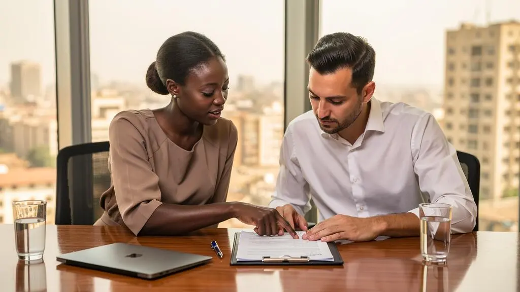 A human resources manager walks a new employee through the clauses of an employment contract in a bright office in an African business district.