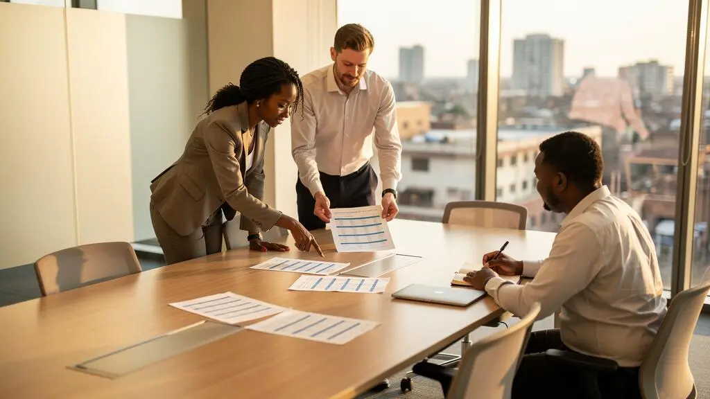 Two managers compare printed cost sheets standing at a table while a colleague takes notes in a bright office.