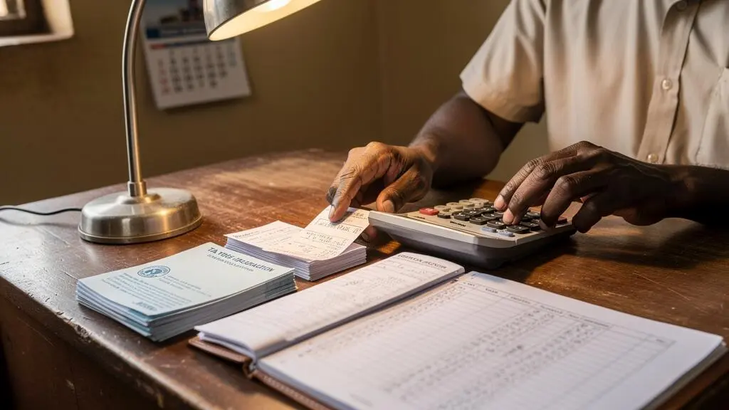 A payroll officer cross-checks printed payslips with a desk calculator in a small accounting office.